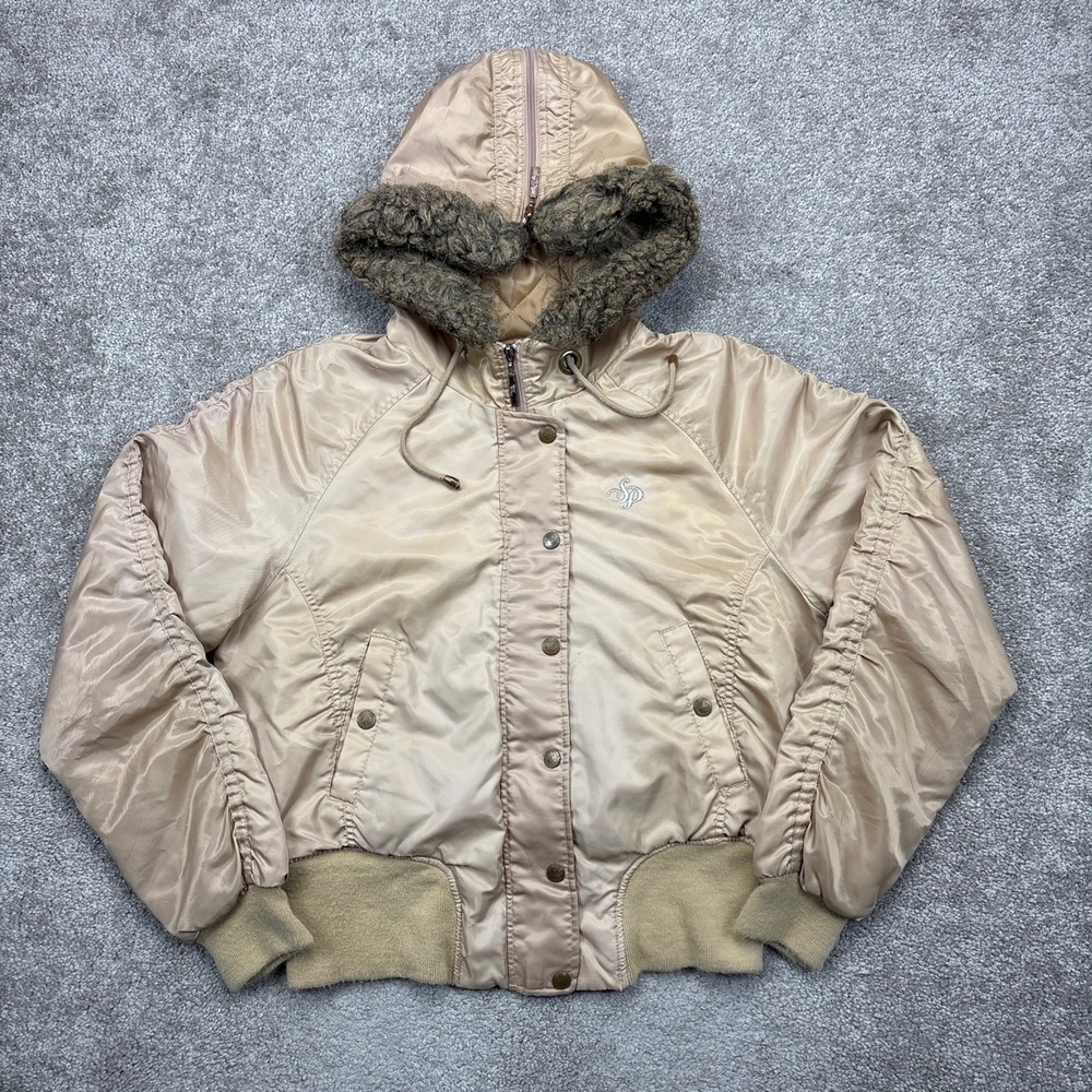 Vintage Y2K Southpole Womens Bomber Jacket Faux Fur Trim Hooded Puffer Large